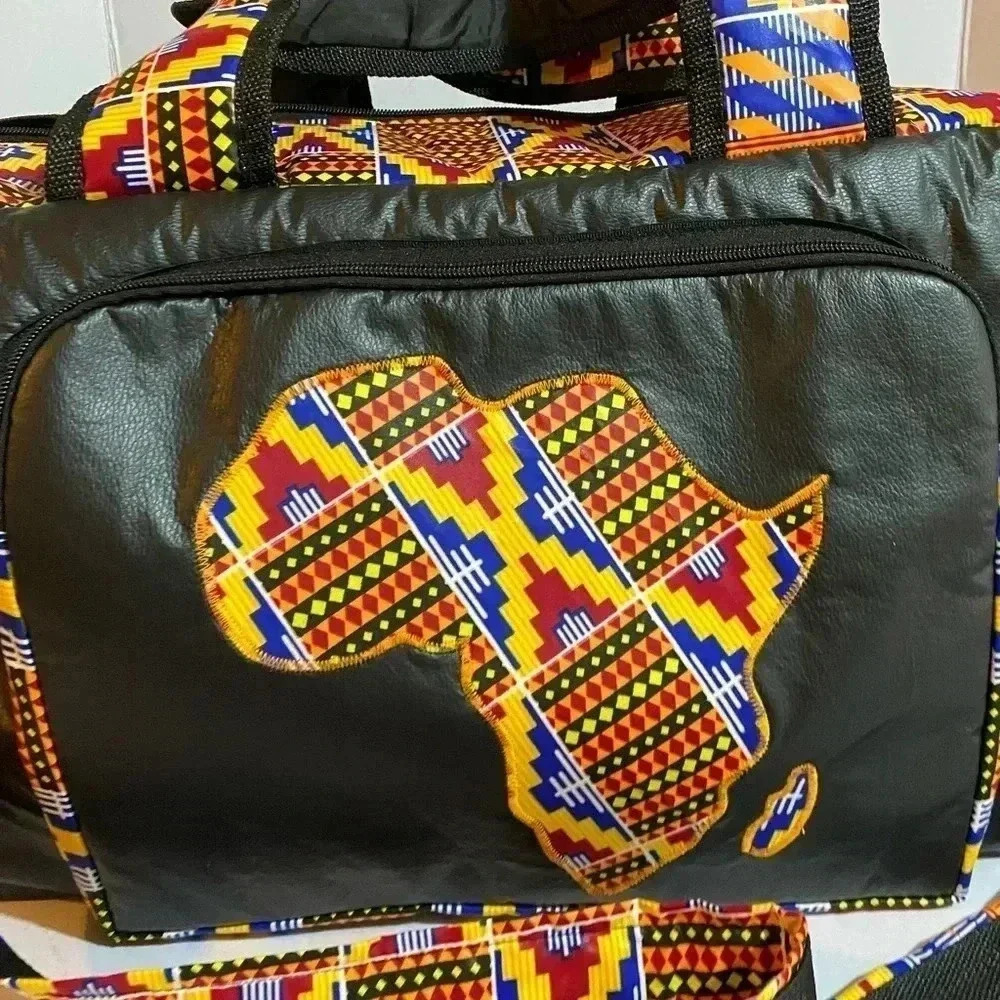 Handcrafted  unisex Ankara print vinyl leather duffel weekend travel bag - Picture 8 of 11